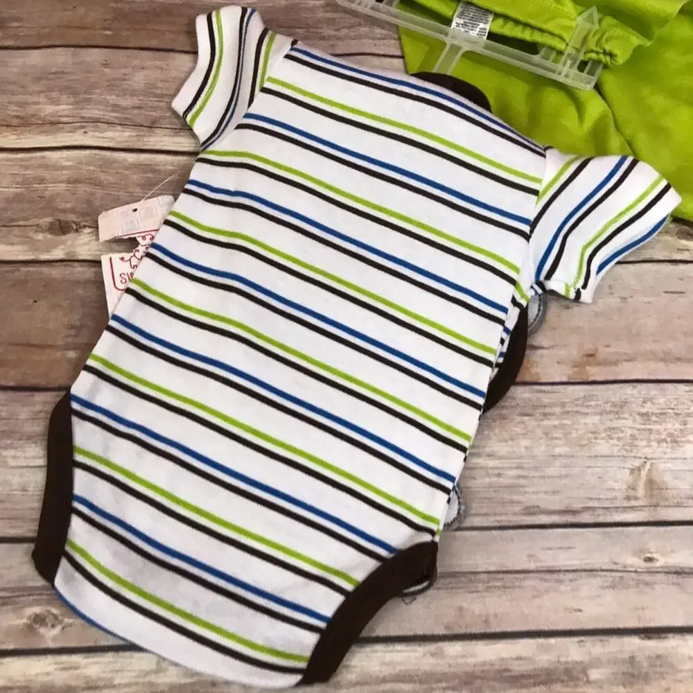 Swiggles Boys Outfit Size 6-9 Mo Monkey 3‎ Piece Set Bib Green Blue Brown NEW